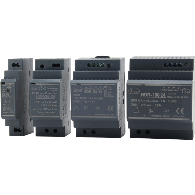 HDR-Serie, 15 W bis 150 W, 5 V/12 V/15 V/24 V/48 VDC Ausgang, ultraflaches DIN-Schienen-Schaltnetzteil SMPS